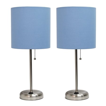 DIAMOND SPARKLE Brushed Steel Stick Table Lamp with Charging Outlet & Fabric Shade, Blue - Set of 2 DI2519780